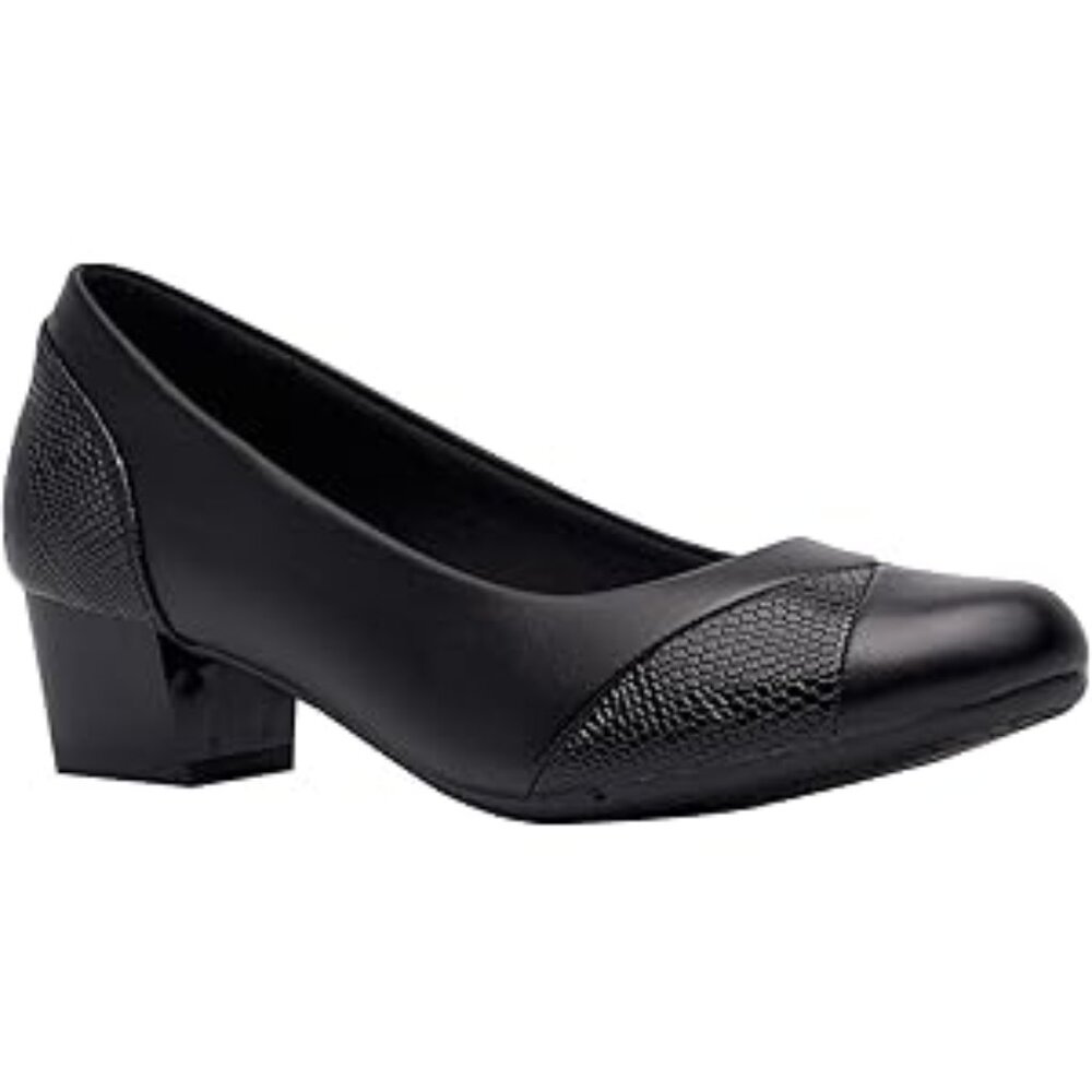 Women's Black Low Block Heel Pumps with Textured Accents